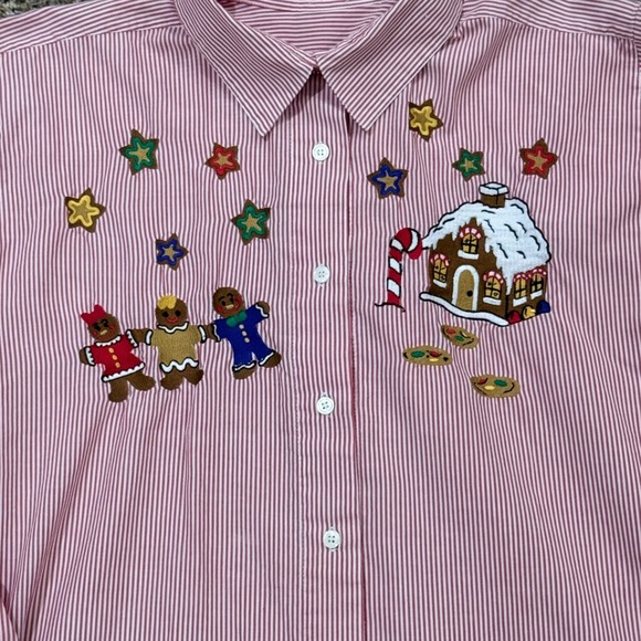 Vintage Women's Red Stripe Gingerbread Man House Holiday Button Down Shirt sz XL - Picture 2 of 5
